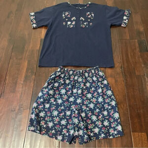 Vintage New Look Pajama Set Women’s Medium Navy Floral Shorts
